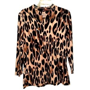 Chico’s Pima Leopard Animal Print Long Sleeve V Neck Top (Size 0/S)